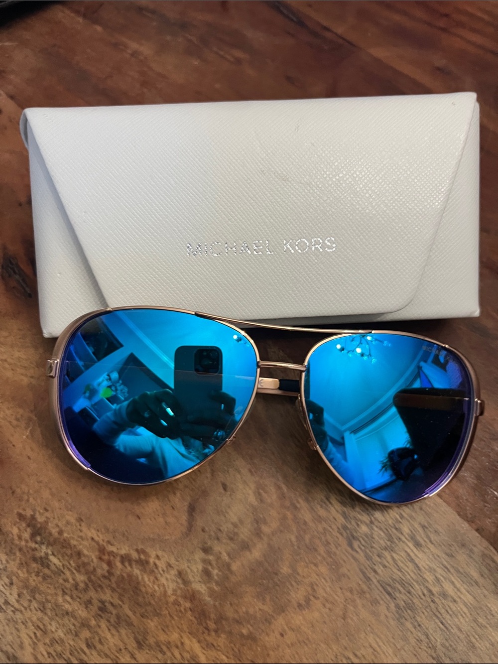 Michael Kors Rose Gold Frame Sunglasses with Blue Mirrored Lenses